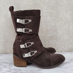Donald J Pliner Dorria Brown Suede Silver Buckles Mid Calf Block Heel  Boots
